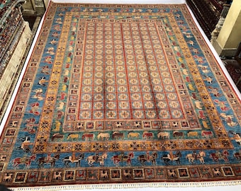 Handmade 13x10 Feet Ghazni Afghan Rug, Persian Designed For Living Room | Wool Area Oriental Carpet, Maroon Colored