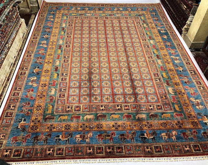 Handmade 13x10 Feet Ghazni Afghan Rug, Persian Designed For Living Room | Wool Area Oriental Carpet, Maroon Colored