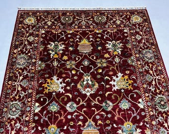 Wool Textile Art 244 x 168 cm | Afghan Mamluk Area Rug, Burgundy Red Ivory