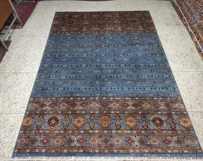 7x10 Feet Chobi Afghan Blue Rug, 100% Handmade Wool Rug, Persian Styled