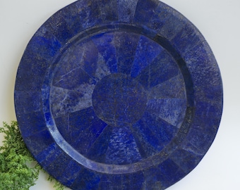 Handmade Natural Lapis Lazuli Decorative Plate 955g, 25 cm Round Stone Plate from Sar e Sang Badakhshan Afghanistan