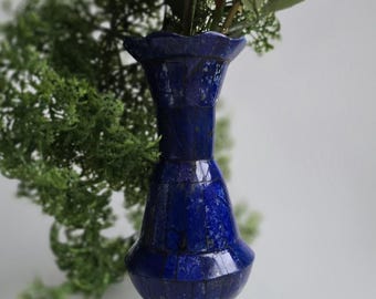 Handmade Patchwork Lapis Lazuli Vase, Afghan Blue Stone Vase 18 x 8 cm, Natural Gemstone Inlay Home Decor, Unique Persian Style Gift