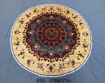 6 feet Diameter Afghan Chobi Rug, Circle Circular Round rug, Home office, Eco-friendly textiles, Artistic floor pieces, Bed plans, Rustic