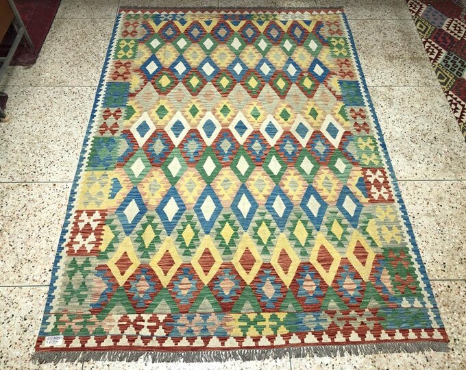 7x10 Afghan Kilim, homemade christmas gifts, fluffy rug, washable, bathroom rug, braided rugs, rag rug, scandinavian decor, modern furniture