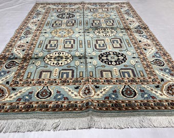 Small Wool Rug 204 x 154 cm | Afghan Volayati Area Rug, Blue Medallion