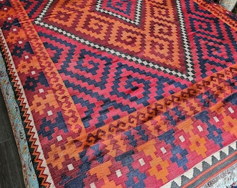 7x10 Afghan Kilim Rug, home office, peacock rug, sumac rug, wool rug, ethnic rug, stair carpet, gothic home decor, sumak rug, sustainable