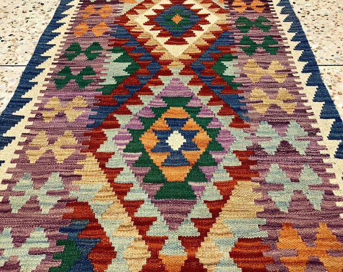 2'5x9'6 Afghan Wool Kilim,  sumac rug, office rug, scandinavian decor, farmhouse decor, housewarming gift, abstract rug, deco-handmade