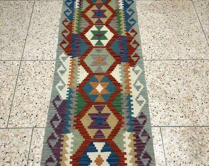 2'7x10 Afghan Wool Kilim, entrance rug,teal rug, leather bags, washable rugs, deco -handmade, sumak rug, afghan rugs, white rug