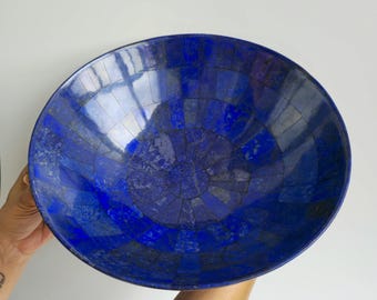 Handmade Lapis Lazuli Patchwork Bowl from Afghanistan, Large Decorative Stone Inlay on Iron Base, 30 cm Blue Gemstone Art