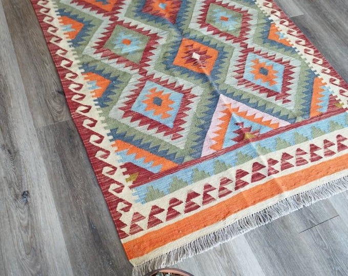 Afghan Kilim rug, bedroom rug, kitchen rug, bokhara rug, floor rug, dusty rose rug, Persian rug, office rug, indoor rug, aztec rug