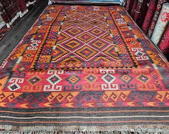 6'4X10'4 Ft Stunning Vintage Afghan Maimana Red Kilim Rug with Beautiful colors Geometric Design Handwoven Flat woven Big Size Kilim Rug