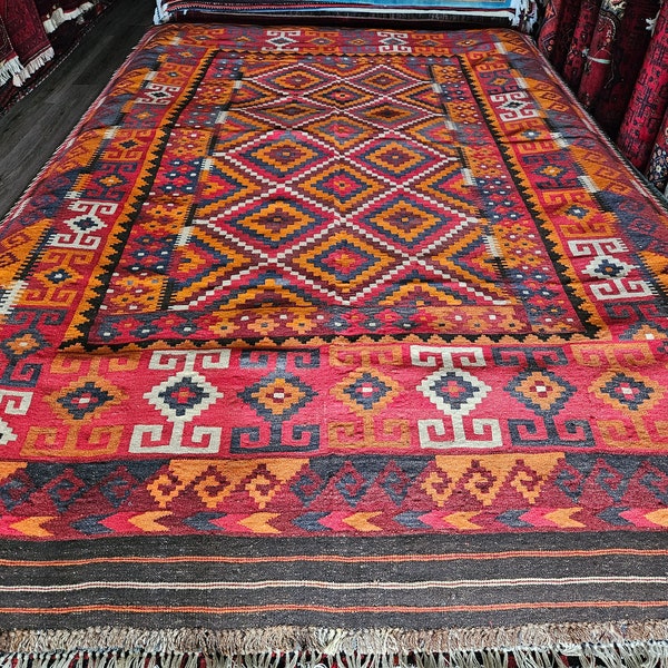 8X12'10 Ft Stunning Vintage Afghan Maimana Red Kilim Rug with Beautiful colors Geometric Design Handwoven Flat woven Big Size Kilim Rug