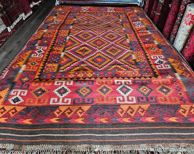 8X12'10 Ft Stunning Vintage Afghan Maimana Red Kilim Rug with Beautiful colors Geometric Design Handwoven Flat woven Big Size Kilim Rug