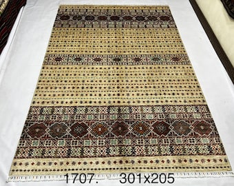 Medallion g 9'11" x 6'9" ft| Afghan Mamluk Area Rug, Beige Burgundy Geometric