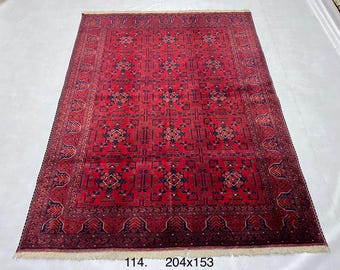 Boho Wool Rug 6'8" x 5'0" ft | Afghan Volayati Area Rug, Red Navy Medallion