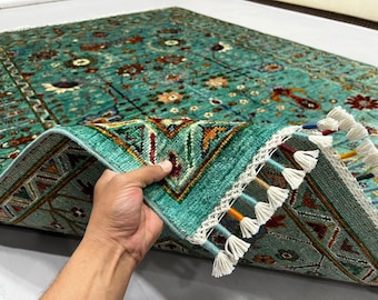 Mudroom Rug 7'11" x 5'9" ft| Afghan Area Rug, Blue Green Floral