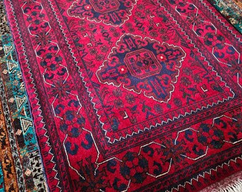 3x4 Small Handmade Afghan Rug, nursery decor, hand made rug, amazon rugs, bohemian rug, red rug, small rug, bedroom rug, wall decor