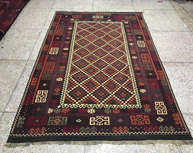Vintage High-quality Tightly woven Geometric Afghan Kilm / Maimana Kilim Rug  / Handmade / Flat woven /  Living room rug / Kilim Rug / Kilim