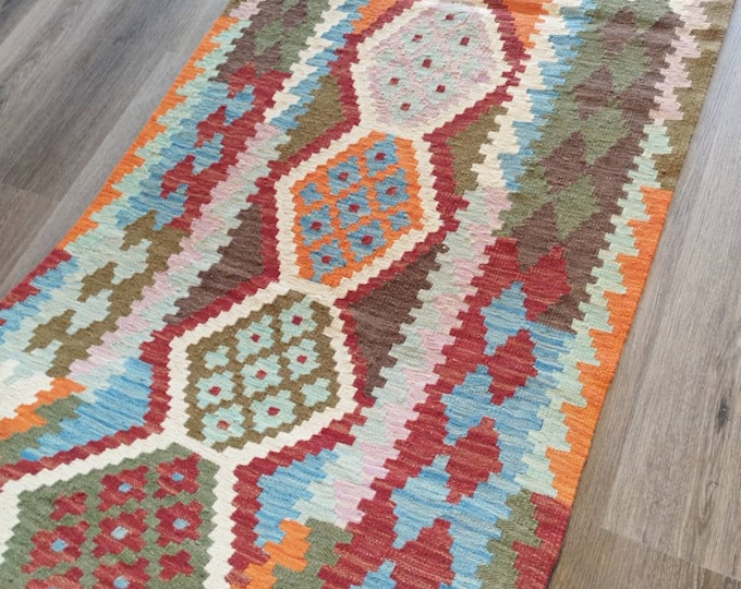 Runner Afghan woolen kilim, Kilimrug, Geometric rug, bedroom rug, Hallway runner, Rug Runner, Colorful runner Kilim, Persian kilim Runner