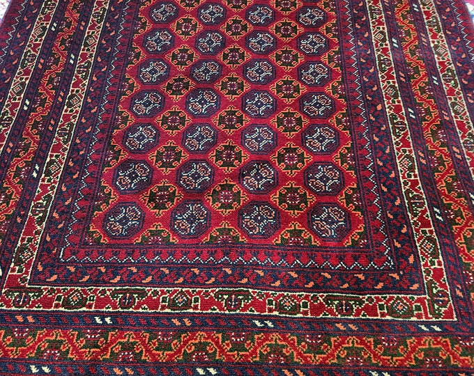 Red Bokhara Rug, Soft Turkmen Area Rugs Living Room Bedroom Entryway Luxury Kitchen kids room Geometric Handmade rug, Persian rug Afghan rug