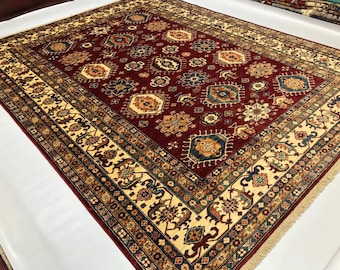 Handmade 10x8 Feet Fine Kazak Afghan Rug, Persian Designed For Living Room | Wool Area Oriental Carpet, Maroon Colored