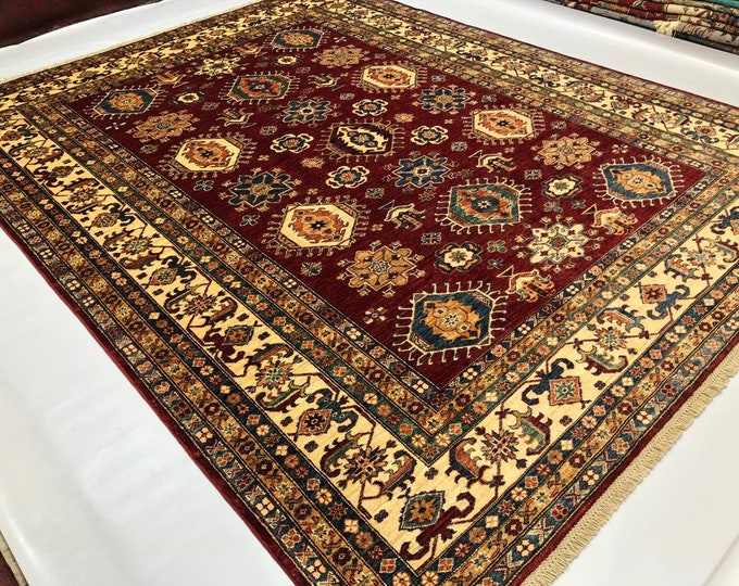 Handmade 10x8 Feet Fine Kazak Afghan Rug, Persian Designed For Living Room | Wool Area Oriental Carpet, Maroon Colored