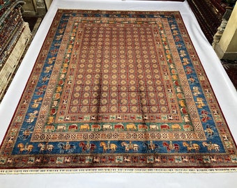 Handmade 12x9 Feet Ghazni Afghan Rug, Persian Designed For Living Room | Wool Area Oriental Carpet, Maroon Colored