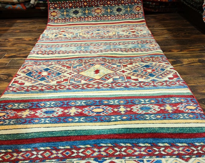 Runner rug Kazak 2.7X12.8 Ft Afghan Caucasian Rug | Area Rug Large | Vintage Rug | Afghan rug | Persian rugs | Turkmen rug | kilim rugs