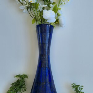 Handmade Patchwork Lapis Lazuli Vase, Afghan Blue Stone Vase 23 x 9 cm, Natural Gemstone Inlay Home Decor, Unique Persian Style Gift