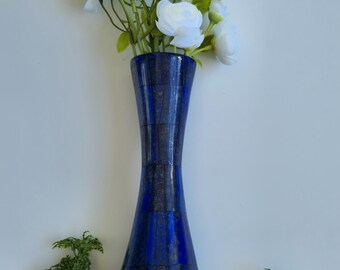 Handmade Patchwork Lapis Lazuli Vase, Afghan Blue Stone Vase 23 x 9 cm, Natural Gemstone Inlay Home Decor, Unique Persian Style Gift
