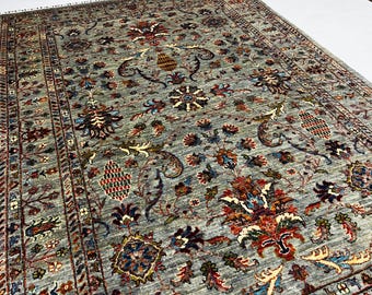 Narrow Rug 219 x 155 cm | Afghan Mamluk Area Rug, Gray Blue Floral