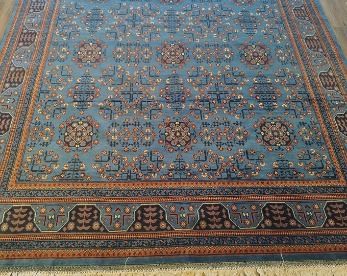 Afghan Blue Rug, 10x7 rug, 7x10 PErsian rug,natural vegetable dyes with soft sheep wool | moroccon designed flower shaped carpet