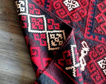 Flatweave Rug 457 x 280 cm | Afghan Kilim Area Rug, Red Navy Ivory Geometric