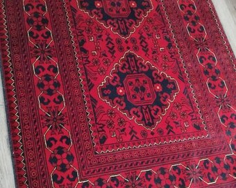 Small Afghan rug, 3x5 rug, Turkish rug, redrug, bedroom rug, housewarming gift, bed plans, hand made, colorful rug, hooked rugs small