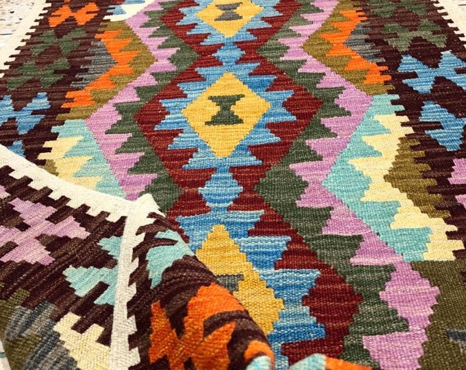 3x10 afghan wool kilim, abstract accent rug, kitchen rug, door mat rug, sumak rug, sisal rugs, nursery decor, bedroom rug, bohemian rug