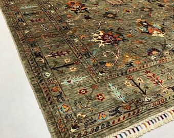 6x9 Feet Top Quality Mamluk Handmade Afghan Rug, Persian Designed from Tribal Ghazni | Living room Carpet, Green Colored