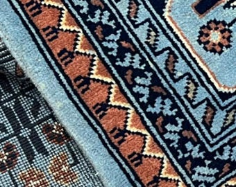Oval Wool Rug 300 x 200 cm | Afghan Volayati Area Rug, Blue Navy Terracotta, Double knotted