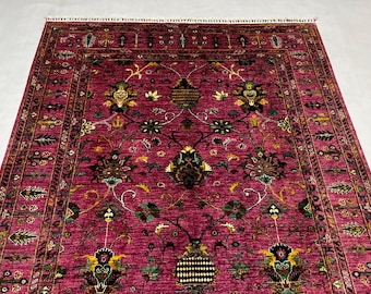 Wool Kilim Rug 8'0" x 5'9" ft | Afghan Mamluk Area Rug, Magenta Floral