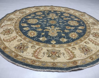 5 Feet Handmade Circle Shaped Afghan Rug, inspired by Persian designed, Very High Quality of Chobi Wool, Perfect Rug for a Living Room