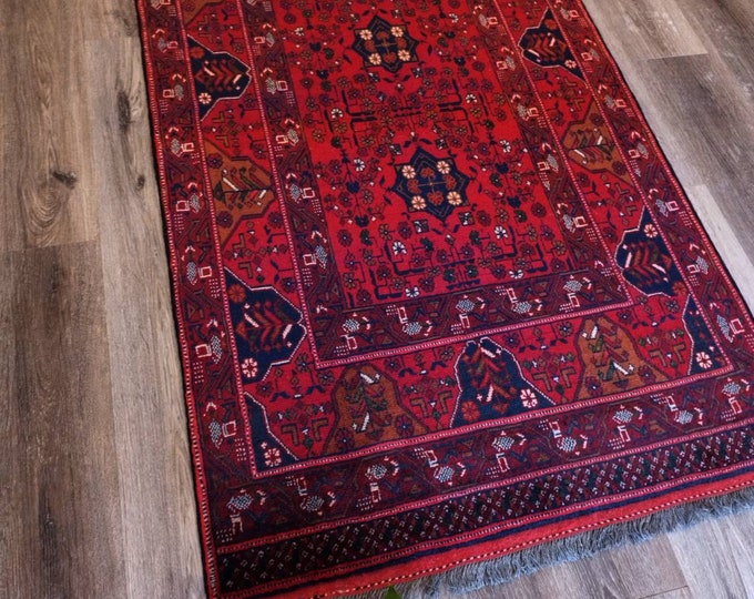 Red Bokhara Rug, Soft Turkmen Area Rugs Living Room Bedroom Entryway Luxury Kitchen kids room Geometric Handmade rug, Persian rug Afghan rug