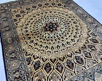 Square Wool Rug 6'10" x 4'12" ft | Afghan Volayati Area Rug, Ivory Navy