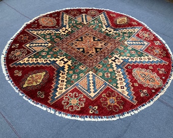 6 feet Diameter Afghan Chobi Rug, Circle Circular Round rug, Hand-knotted creations, Wall decor, Tiger rugs mandir for home, Aztec rug