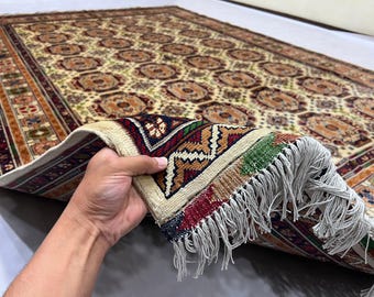 9x12 Wool Rug 300 x 200 cm Afghan Volayati Area Rug, Ivory Red Navy Geometric