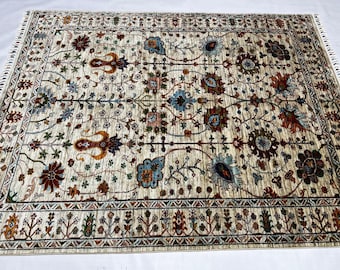 Modern Wool Rug 6'7" x 5'3" ft | Afghan Mamluk Area Rug, Ivory Multicolor