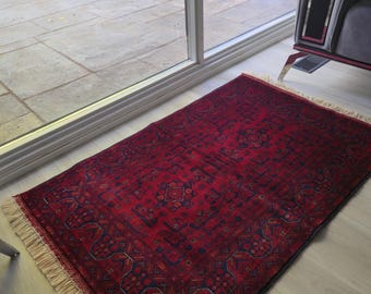 Handmade Afghan Rug 2.6 x 4 ft | High Quality Merino Wool Carpet | Natural Dyes Red Tribal Design | Soft & Durable Wool Rug from Afghanistan