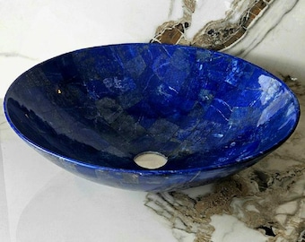 Handcrafted Blue Patchwork Mosaic Vessel Sink, 40 cm Round Bathroom Basin, Afghan Artisan Made Countertop Vanity Sink