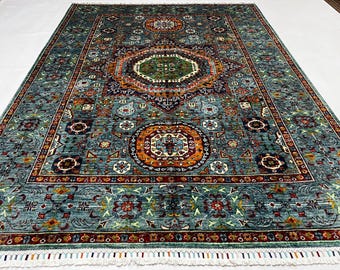 Front Door Rug 7'7" x 5'7" ft| Afghan Mamluk Area Rug, Teal Blue Multi