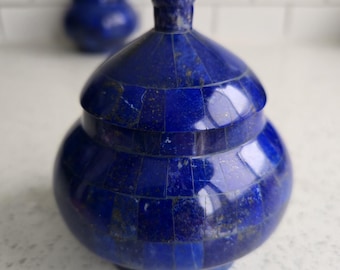 Hand Carved Lapis Lazuli Pot with Lid: Afghan Mosaic Vessel