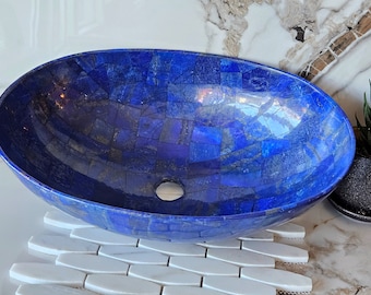 Lapis Lazuli Stone Sink Random Work Elegant Design Kitchen Vessel for Restaurant and Bar from Afghanistan, Blue Stone Sink. Bathroom sink