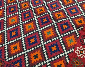 8'6x13 ft Big Size Soft Well-made Afghan Maimana Red Rug Kitchen Office, Carpet Flat Woven Kilim Rug Handwoven Flat woven Kilim Rug